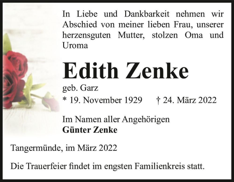  Traueranzeige für Edith Zenke (geb. Garz)  vom 29.03.2022 aus Magdeburger Volksstimme