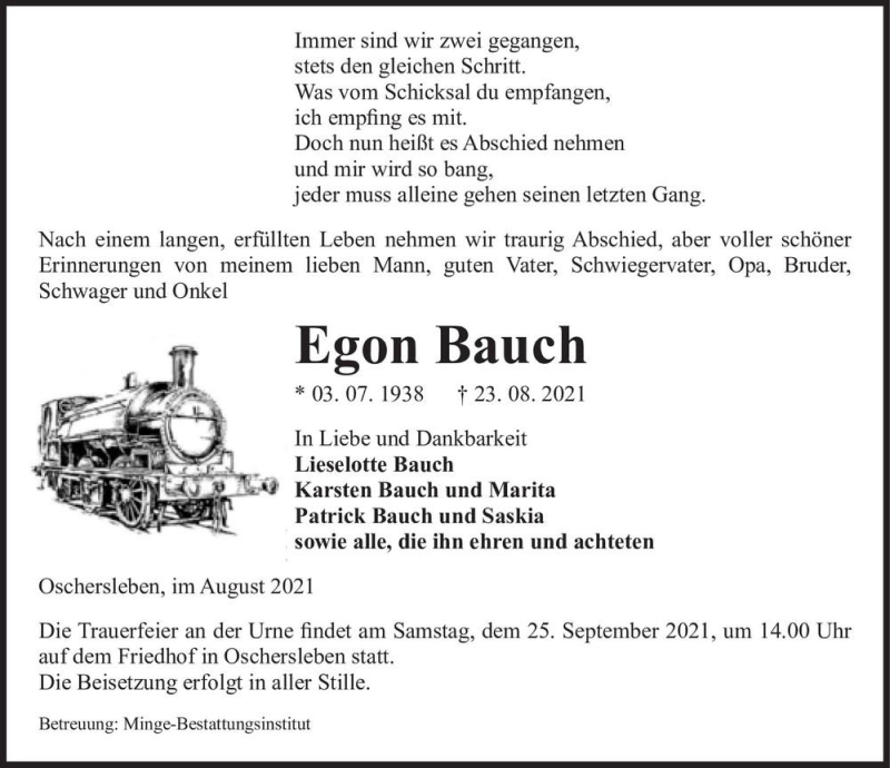 Traueranzeige für Egon Bauch  vom 28.08.2021 aus Magdeburger Volksstimme