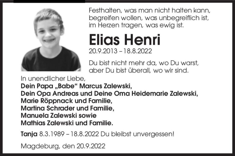  Traueranzeige für Elias Henri  vom 08.10.2022 aus Magdeburger Volksstimme