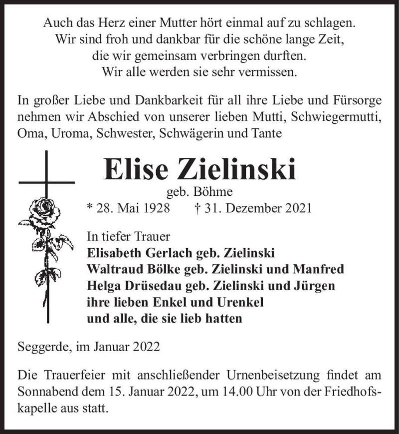  Traueranzeige für Elise Zielinski (geb. Böhme)  vom 05.01.2022 aus Magdeburger Volksstimme
