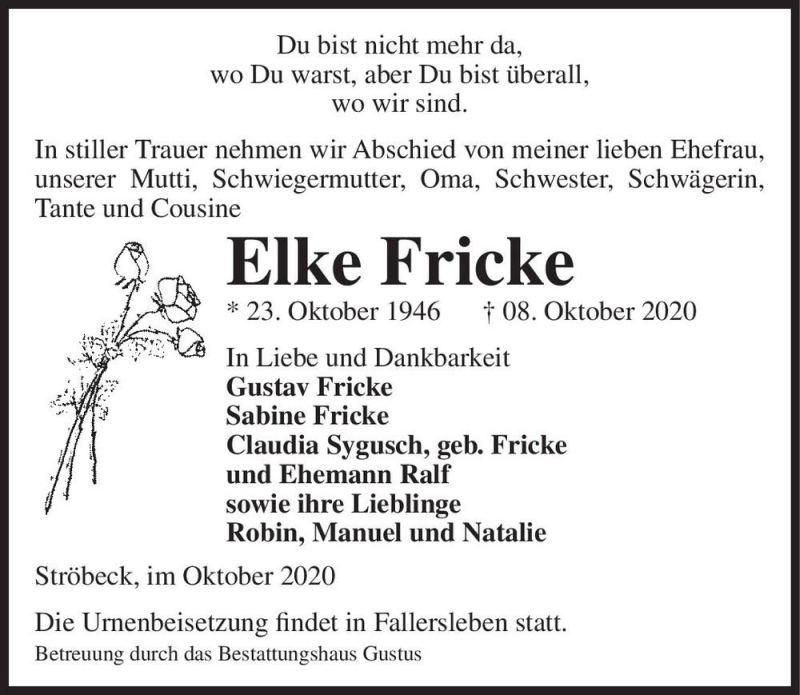  Traueranzeige für Elke Fricke  vom 17.10.2020 aus Magdeburger Volksstimme