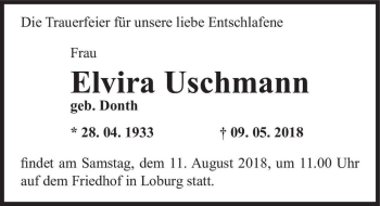 Traueranzeige von Elvira Uschmann (geb. Donth)  von Magdeburger Volksstimme