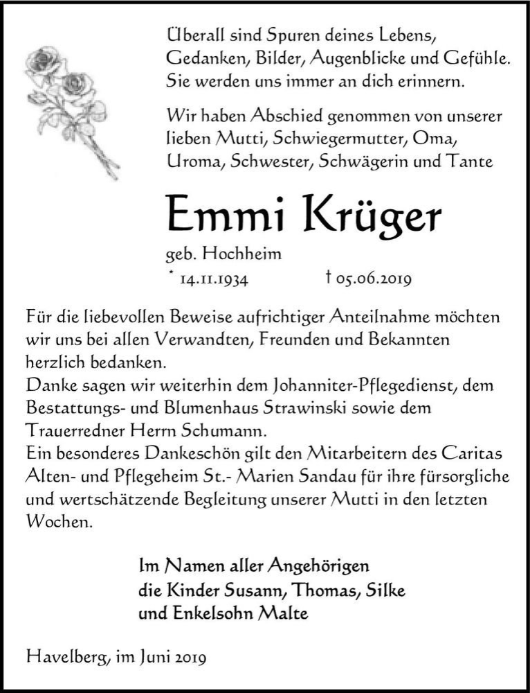  Traueranzeige für Emmi Krüger (geb. Hochheim)  vom 20.06.2019 aus Magdeburger Volksstimme
