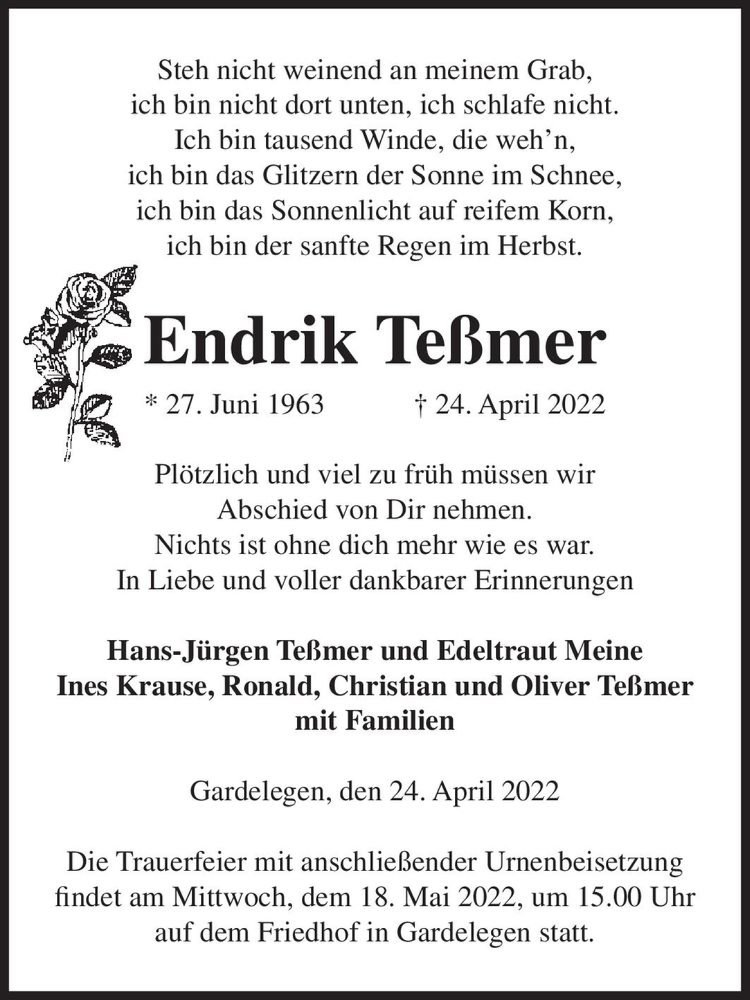  Traueranzeige für Endrik Teßmer  vom 30.04.2022 aus Magdeburger Volksstimme