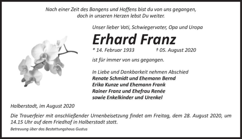  Traueranzeige für Erhard Franz  vom 08.08.2020 aus Magdeburger Volksstimme