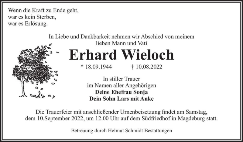  Traueranzeige für Erhard Wieloch  vom 20.08.2022 aus Magdeburger Volksstimme