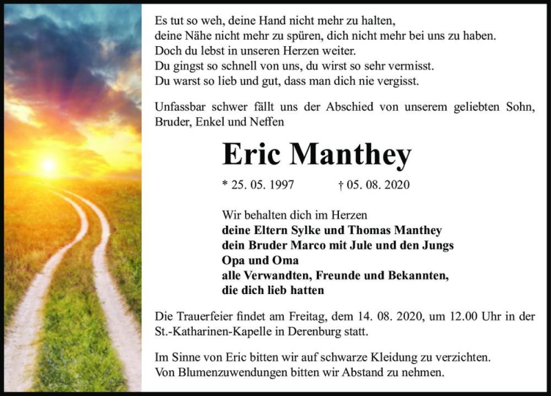  Traueranzeige für Eric Manthey  vom 08.08.2020 aus Magdeburger Volksstimme