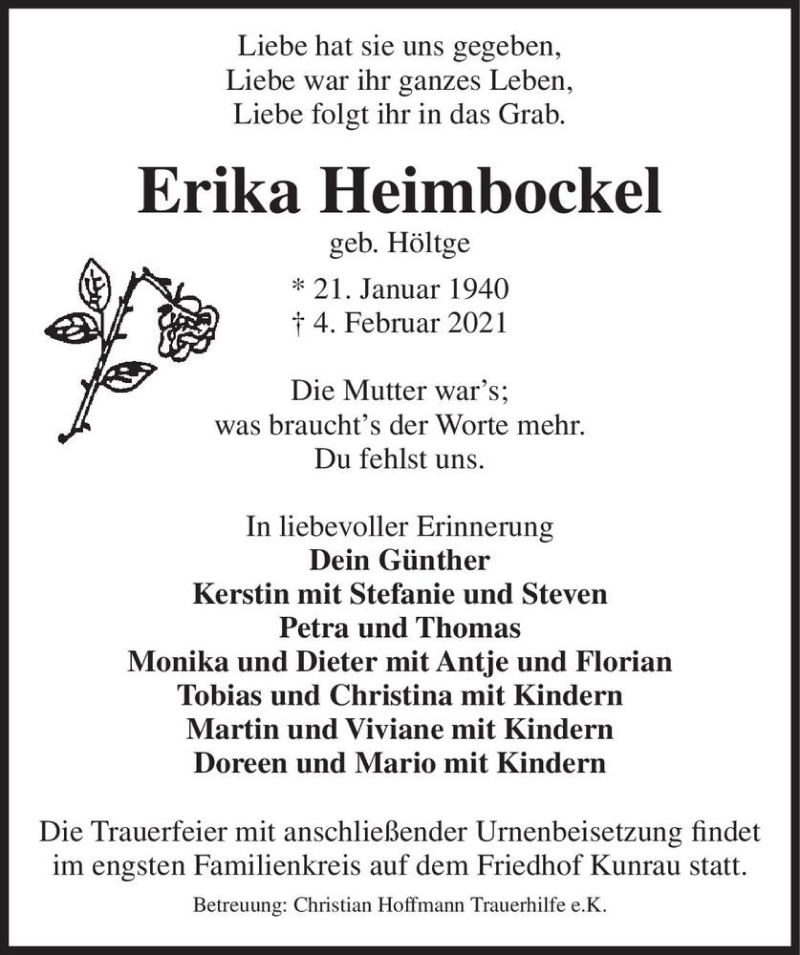  Traueranzeige für Erika Heimbockel (geb. Höltge)  vom 09.02.2021 aus Magdeburger Volksstimme