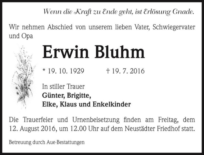  Traueranzeige für Erwin Bluhm  vom 23.07.2016 aus Magdeburger Volksstimme