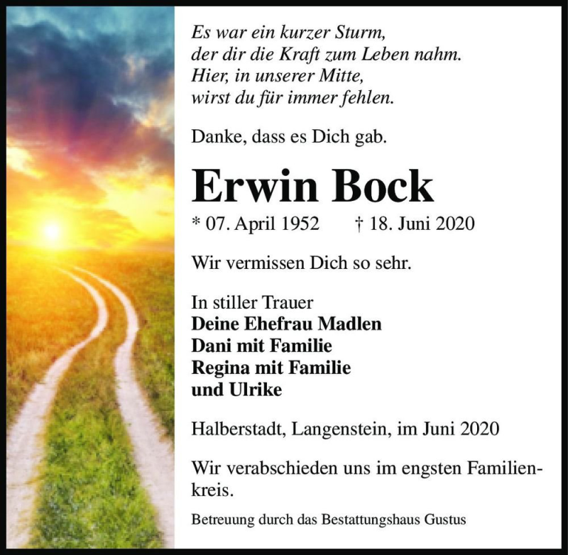  Traueranzeige für Erwin Bock  vom 20.06.2020 aus Magdeburger Volksstimme