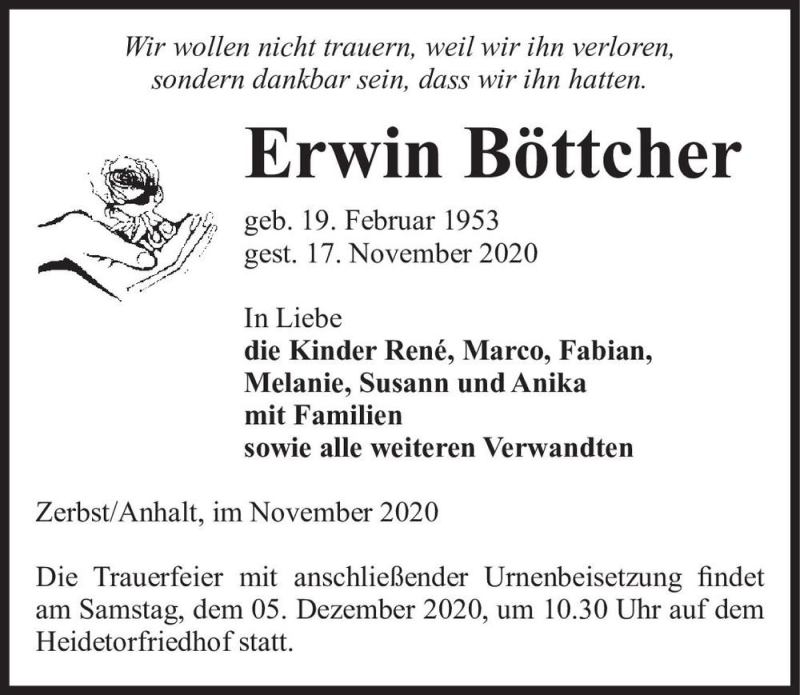  Traueranzeige für Erwin Böttcher  vom 21.11.2020 aus Magdeburger Volksstimme