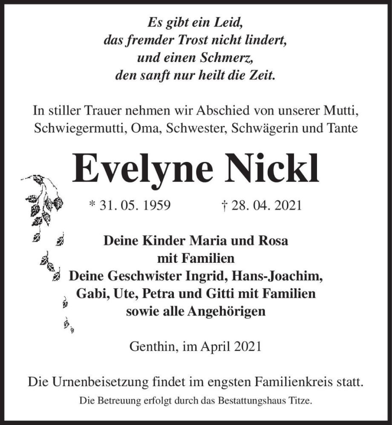  Traueranzeige für Evelyne Nickl  vom 08.05.2021 aus Magdeburger Volksstimme