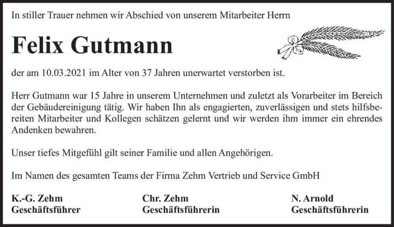  Traueranzeige für Felix Gutmann  vom 20.03.2021 aus Magdeburger Volksstimme