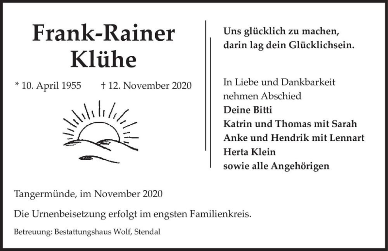  Traueranzeige für Frank-Rainer Klühe  vom 14.11.2020 aus Magdeburger Volksstimme