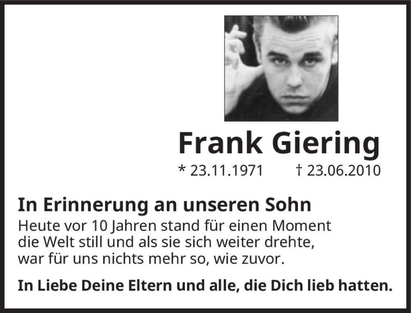  Traueranzeige für Frank Giering  vom 20.06.2020 aus Magdeburger Volksstimme