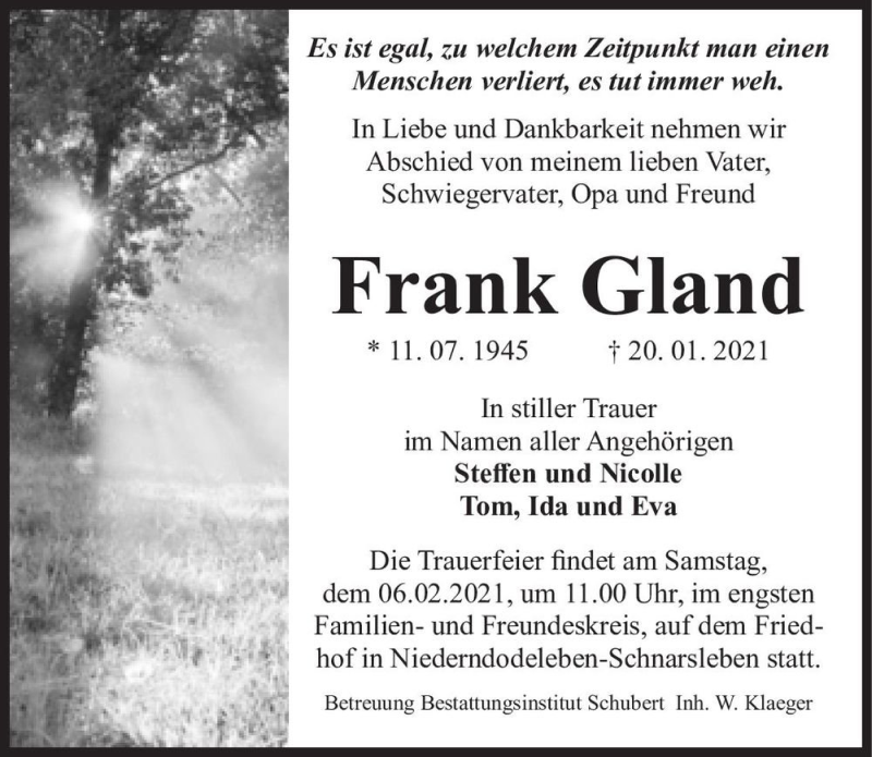  Traueranzeige für Frank Gland  vom 30.01.2021 aus Magdeburger Volksstimme