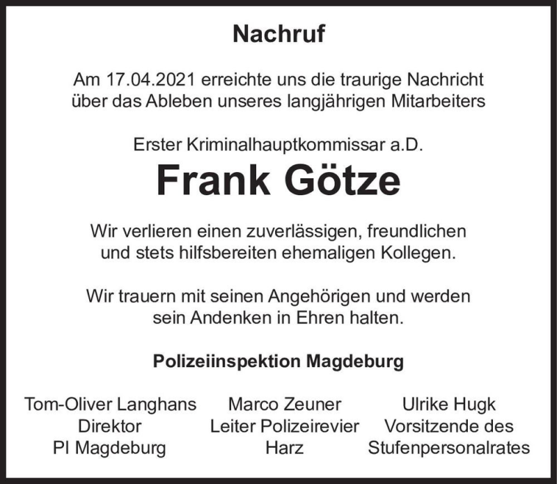  Traueranzeige für Frank Götze  vom 04.05.2021 aus Magdeburger Volksstimme