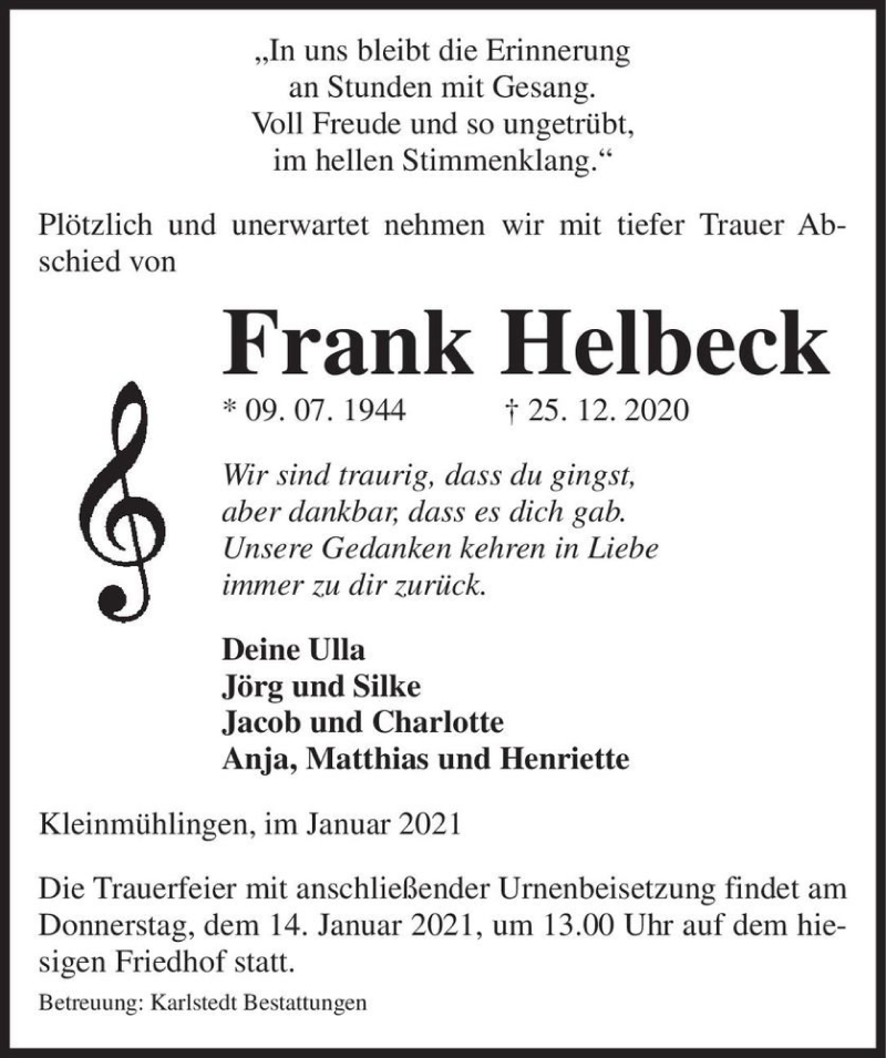  Traueranzeige für Frank Helbeck  vom 02.01.2021 aus Magdeburger Volksstimme
