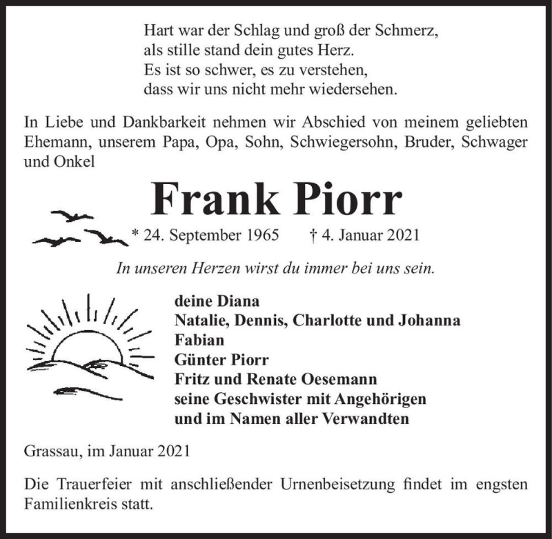  Traueranzeige für Frank Piorr  vom 14.01.2021 aus Magdeburger Volksstimme