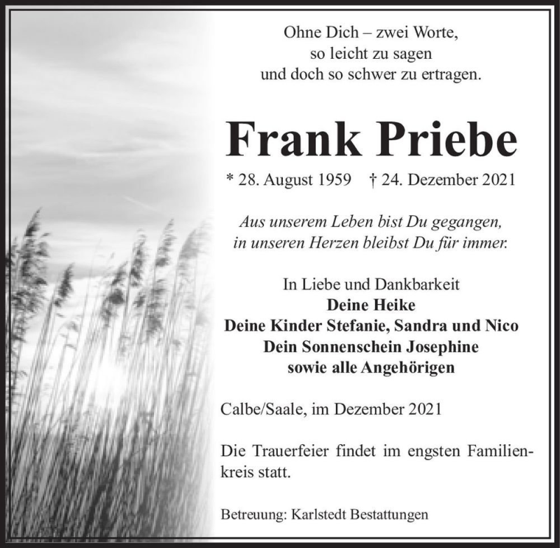  Traueranzeige für Frank Priebe  vom 31.12.2021 aus Magdeburger Volksstimme