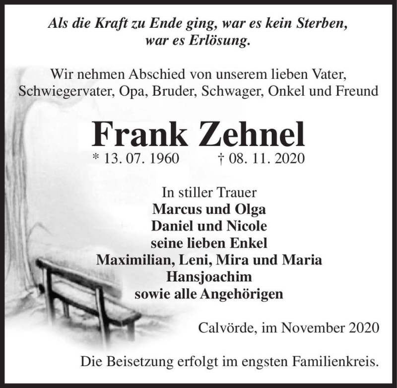  Traueranzeige für Frank Zehnel  vom 11.11.2020 aus Magdeburger Volksstimme