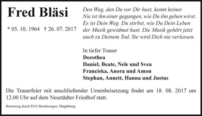 Traueranzeige für Fred Bläsi  vom 12.08.2017 aus Magdeburger Volksstimme