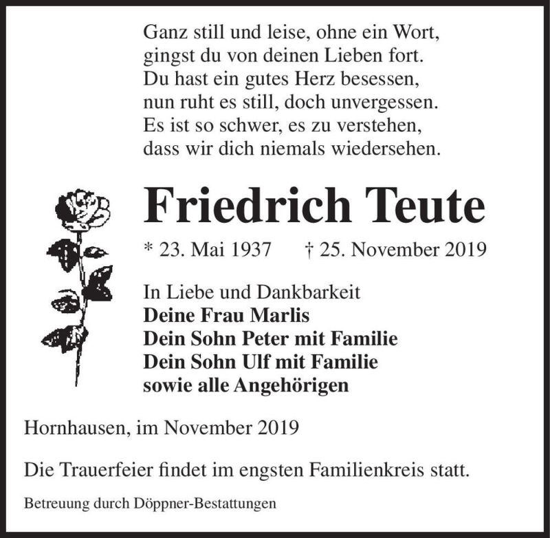  Traueranzeige für Friedrich Teute  vom 30.11.2019 aus Magdeburger Volksstimme
