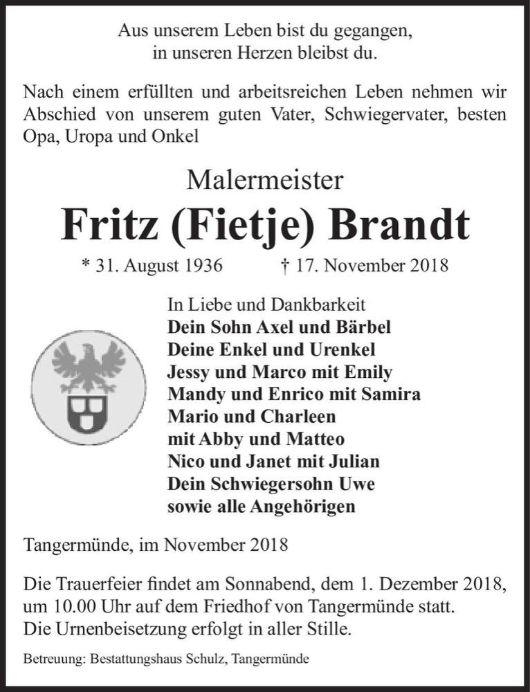  Traueranzeige für Fritz (Fietje) Brandt  vom 21.11.2018 aus Magdeburger Volksstimme