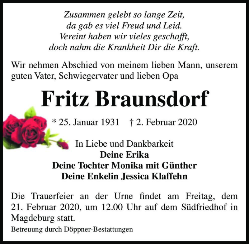  Traueranzeige für Fritz Braunsdorf  vom 08.02.2020 aus Magdeburger Volksstimme