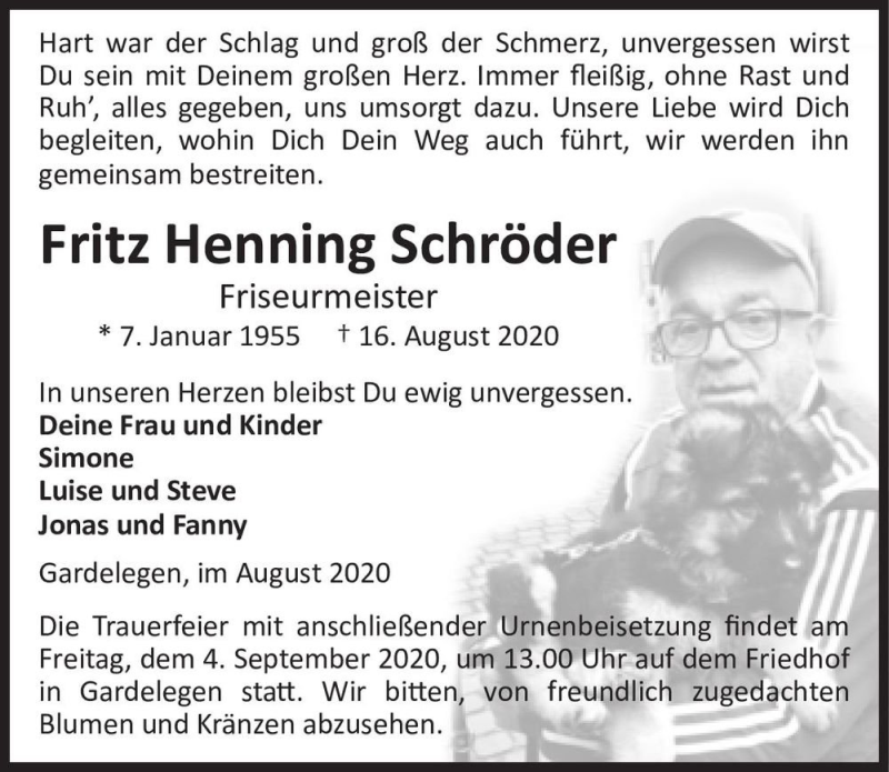  Traueranzeige für Fritz Henning Schröder  vom 22.08.2020 aus Magdeburger Volksstimme