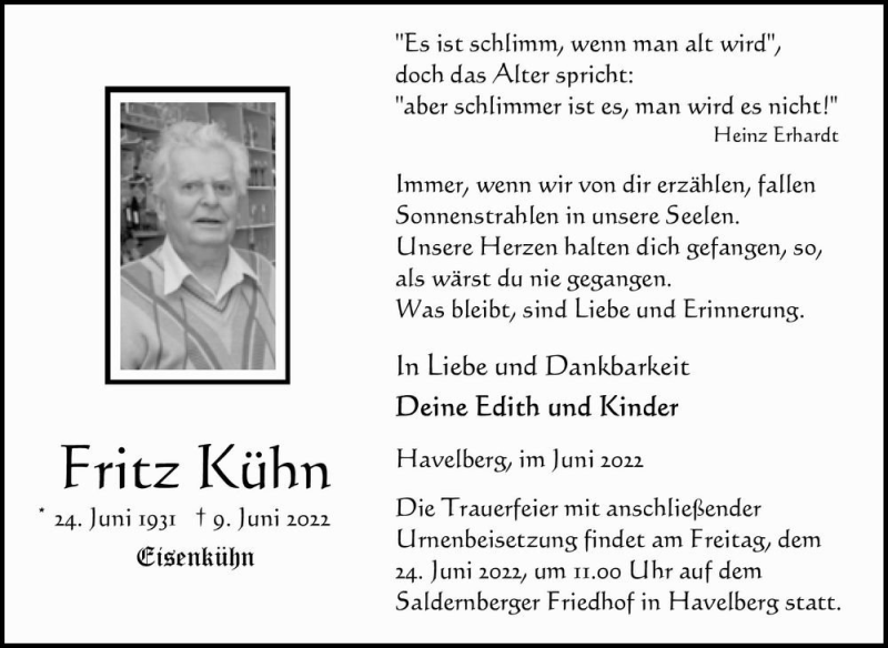 Traueranzeige für Fritz Kühn  vom 18.06.2022 aus Magdeburger Volksstimme