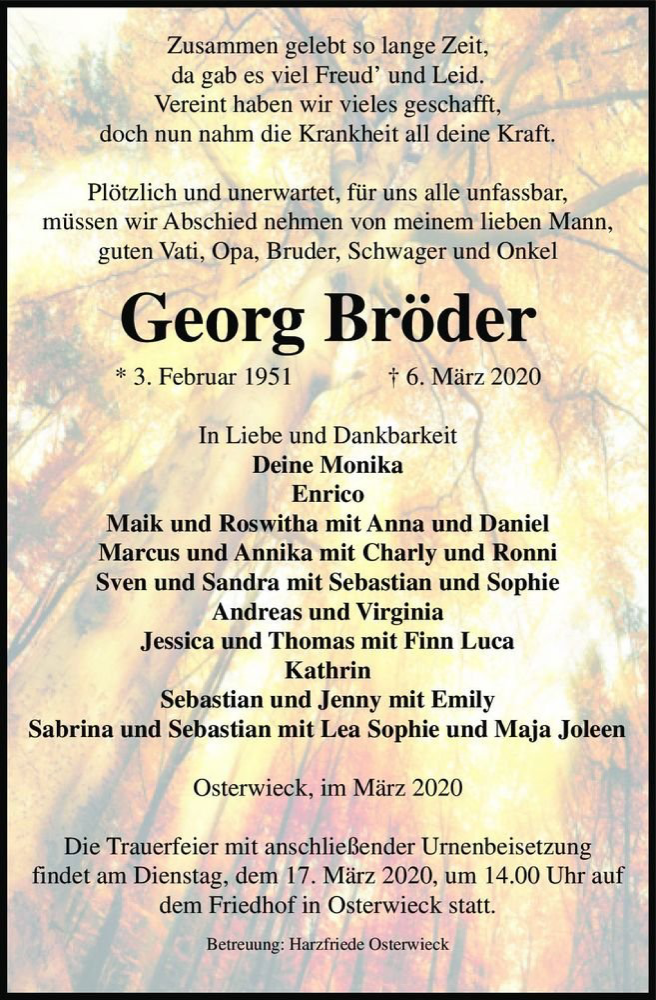  Traueranzeige für Georg Bröder  vom 14.03.2020 aus Magdeburger Volksstimme