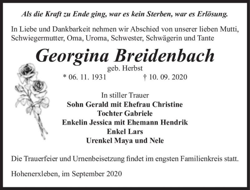  Traueranzeige für Georgina Breidenbach (geb. Herbst)  vom 19.09.2020 aus Magdeburger Volksstimme