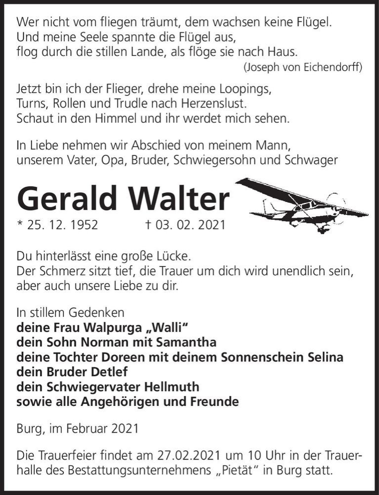  Traueranzeige für Gerald Walter  vom 13.02.2021 aus Magdeburger Volksstimme