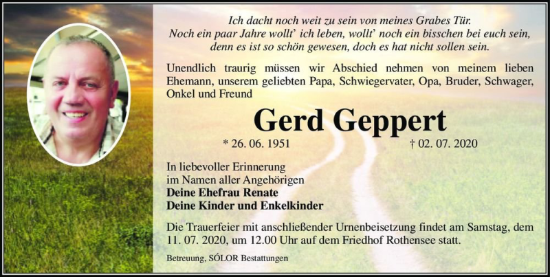  Traueranzeige für Gerd Geppert  vom 08.07.2020 aus Magdeburger Volksstimme