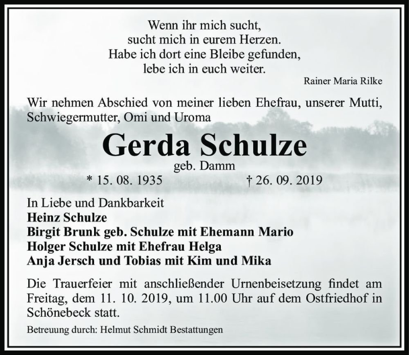  Traueranzeige für Gerda Schulze (geb. Damm)  vom 05.10.2019 aus Magdeburger Volksstimme