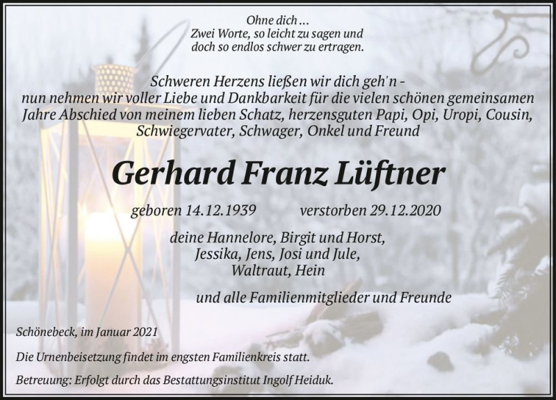  Traueranzeige für Gerhard Franz Lüftner  vom 09.01.2021 aus Magdeburger Volksstimme