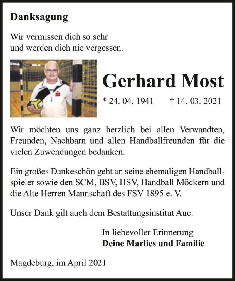  Traueranzeige für Gerhard Most  vom 17.04.2021 aus Magdeburger Volksstimme