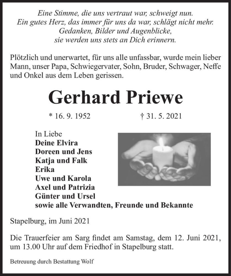  Traueranzeige für Gerhard Priewe  vom 05.06.2021 aus Magdeburger Volksstimme