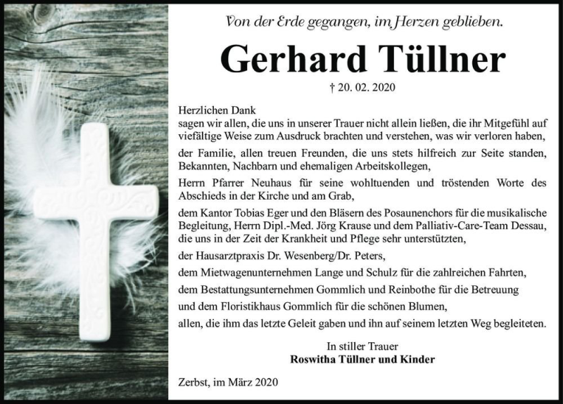  Traueranzeige für Gerhard Tüllner  vom 14.03.2020 aus Magdeburger Volksstimme