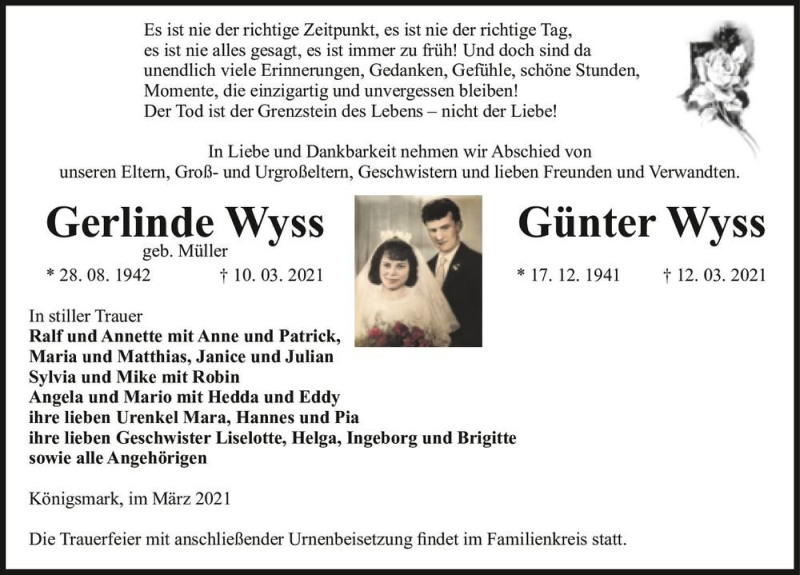  Traueranzeige für Gerlinde Wyss (geb. Müller) und Günter Wyss  vom 23.03.2021 aus Magdeburger Volksstimme