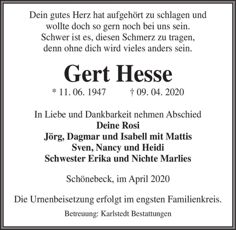  Traueranzeige für Gert Hesse  vom 18.04.2020 aus Magdeburger Volksstimme