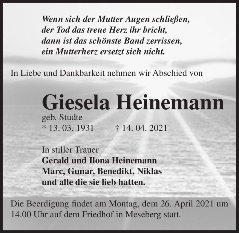  Traueranzeige für Giesela Heinemann (geb. Studte)  vom 20.04.2021 aus Magdeburger Volksstimme