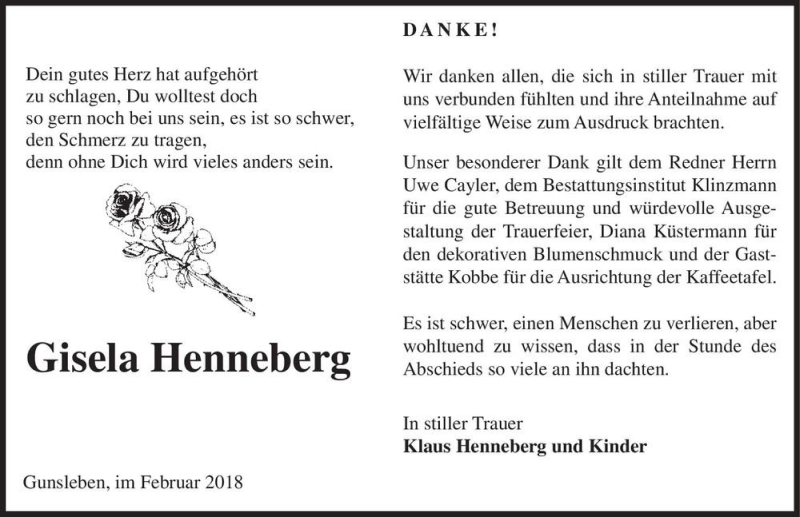  Traueranzeige für Gisela Henneberg  vom 10.02.2018 aus Magdeburger Volksstimme