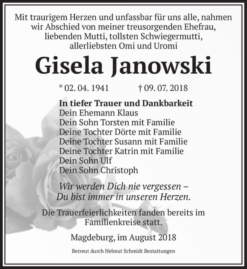  Traueranzeige für Gisela Janowski  vom 04.08.2018 aus Magdeburger Volksstimme