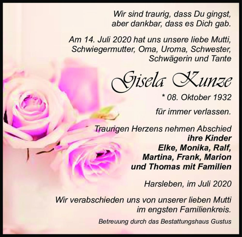  Traueranzeige für Gisela Kunze  vom 21.07.2020 aus Magdeburger Volksstimme
