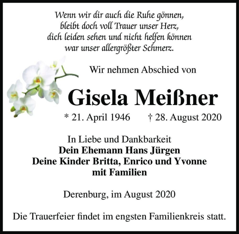  Traueranzeige für Gisela Meißner  vom 05.09.2020 aus Magdeburger Volksstimme