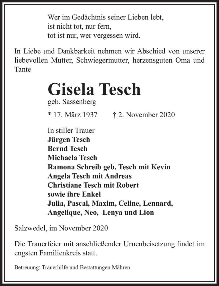  Traueranzeige für Gisela Tesch (geb. Sassenberg)  vom 04.11.2020 aus Magdeburger Volksstimme
