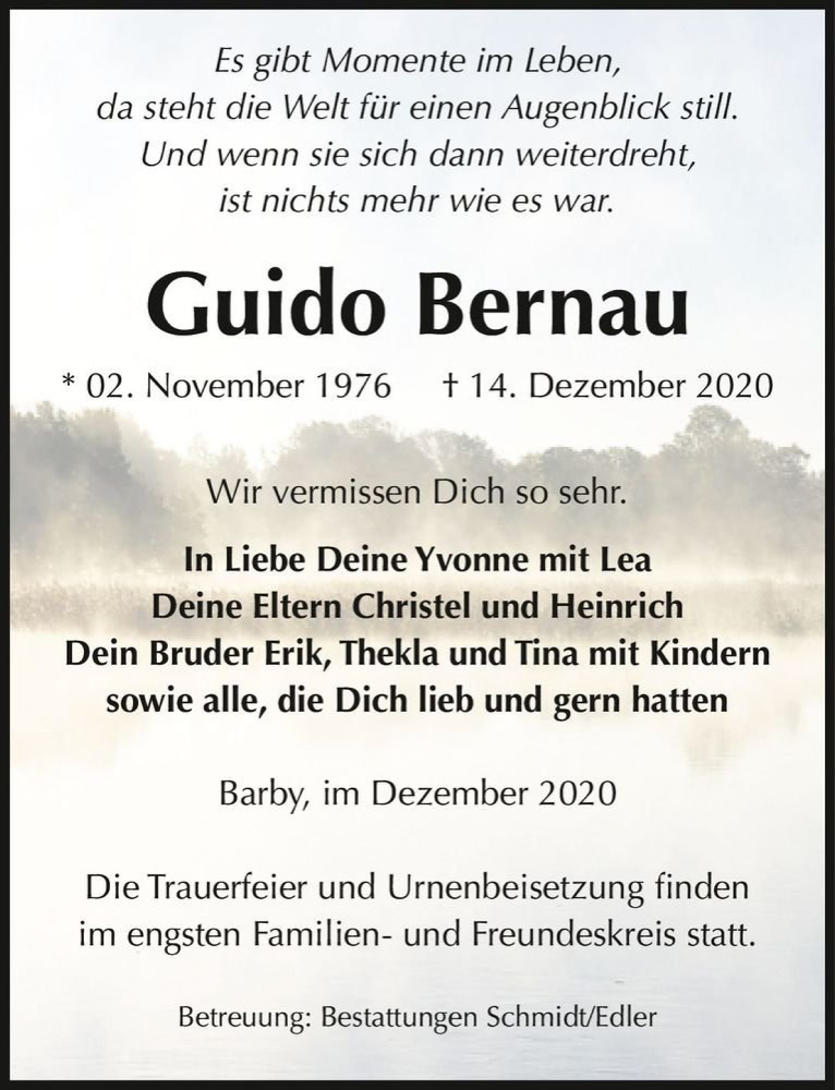  Traueranzeige für Guido Bernau  vom 19.12.2020 aus Magdeburger Volksstimme