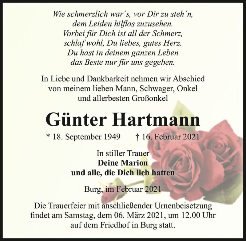  Traueranzeige für Günter Hartmann  vom 20.02.2021 aus Magdeburger Volksstimme